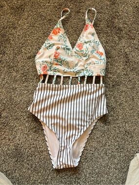 SHEIN Cream Floral & Black-White Striped One-Piece Swimsuit